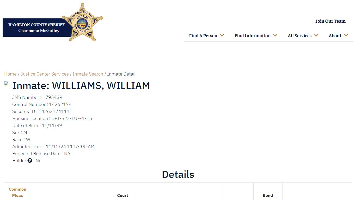 Inmate Detail - Hamilton County Sheriff's Office